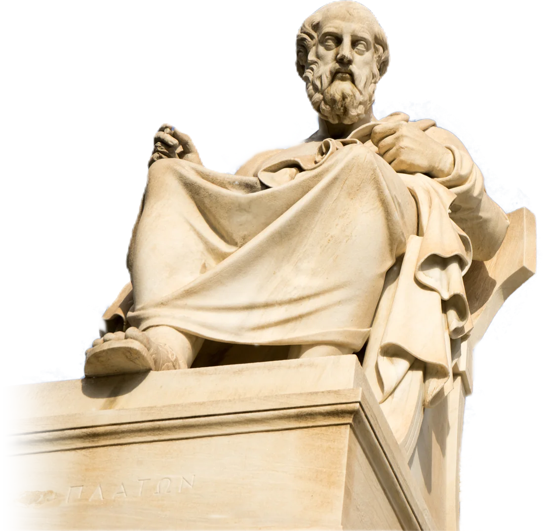 Marble statue of Plato, seated, seen from below